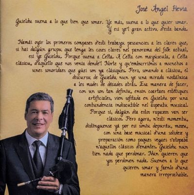 Página del libreto del disco "Memories de Deva" de Guieldu donde el gaitero Hevia habla del álbum
