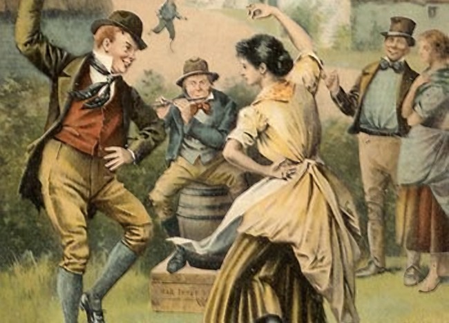 Antigua ilustración de una pareja bailando un jig irlandés.
