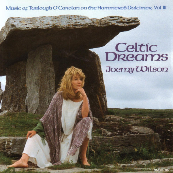 Portada del disco Celtic Dreams de Joemy Wilson que posa en la foto delante del Dolmen de Burren en Poulnabronen en el Condado de Clare, Irlanda.