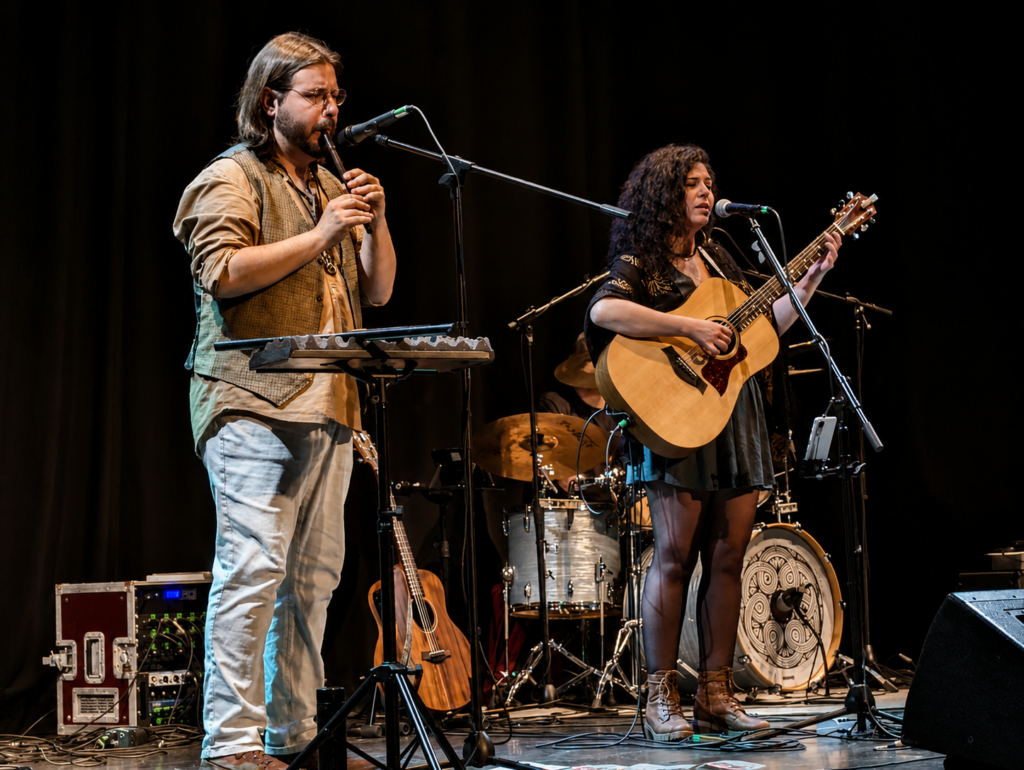 Guieldu en el Teatro S. Francisco por San Patricio 5 Héctor, flautista Guieldu y Susana, cantante de la banda y guitarrista actuando en un concierto.